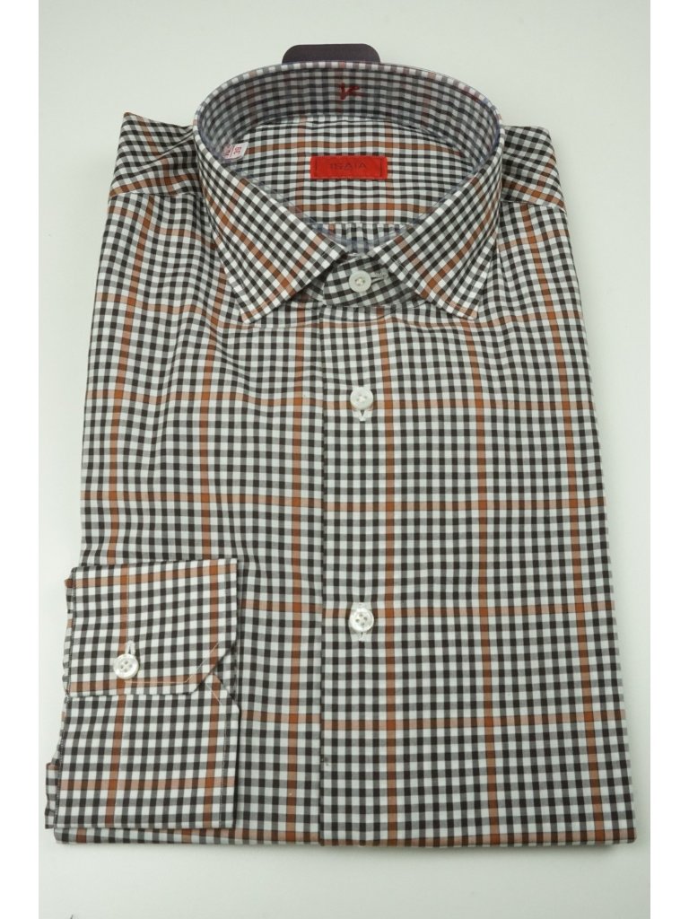 Isaia Orange Brown Gingham Plaid Long Sleeve Cotton Dress Shirt 15.5/39 New
